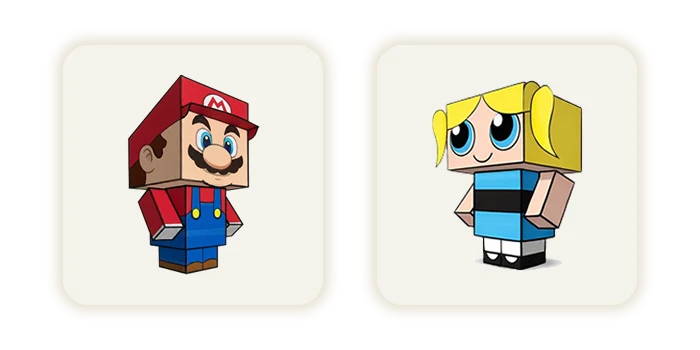 Modelos de papel montados: Mario e personagem de anime