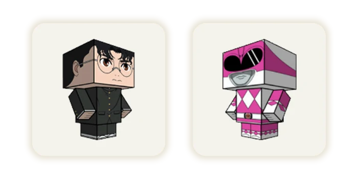 Personagens da coleção de brinquedos de papel